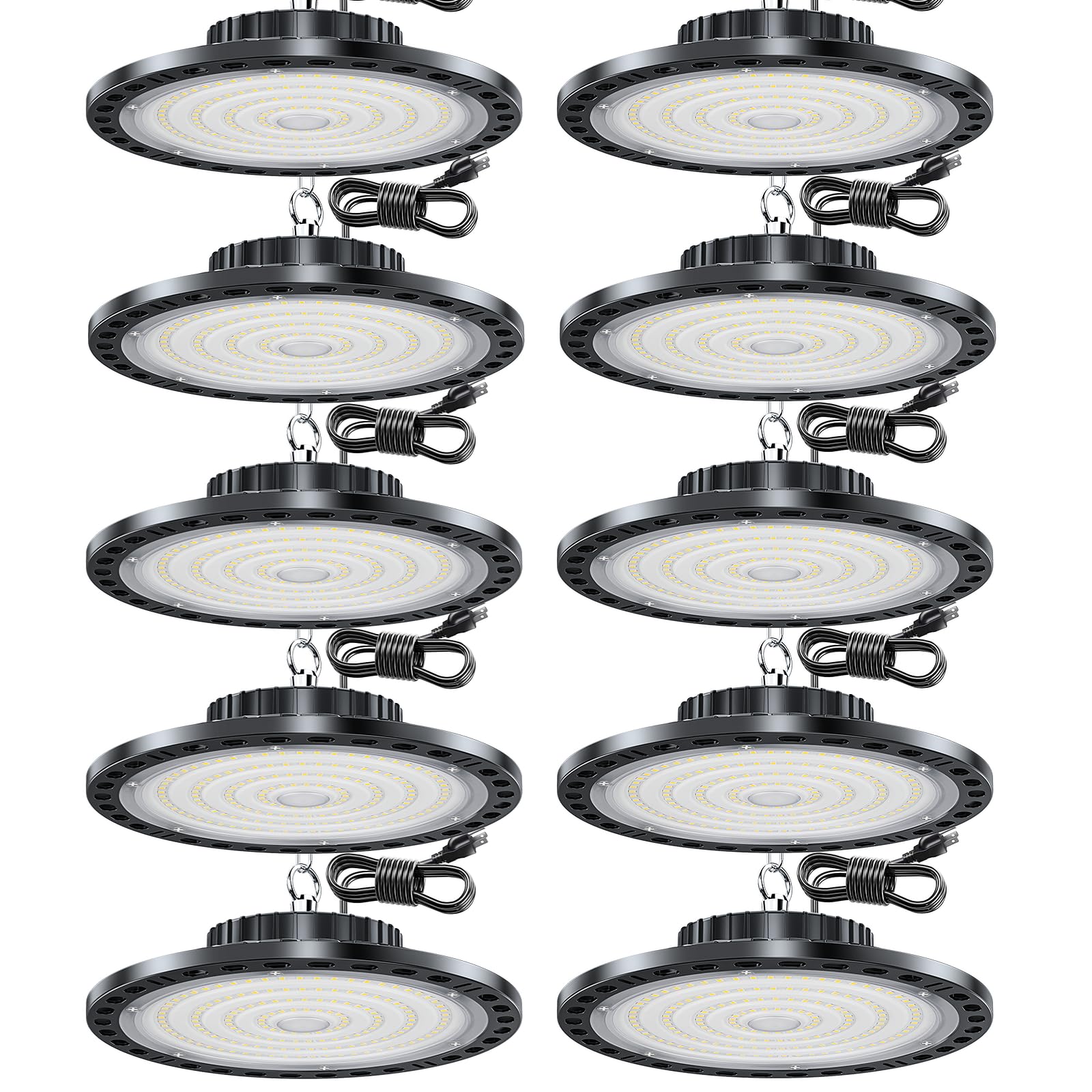 XINGHUANLIT UFO Led High Bay Light 10 Pack, 100W 15000lm High Bay Led Lights 6500K with 6.65ft Plug, High Bay LED Shop Lights IP65, Commercial Bay Lighting AC 85-265V for Garage Workshop Warehouse