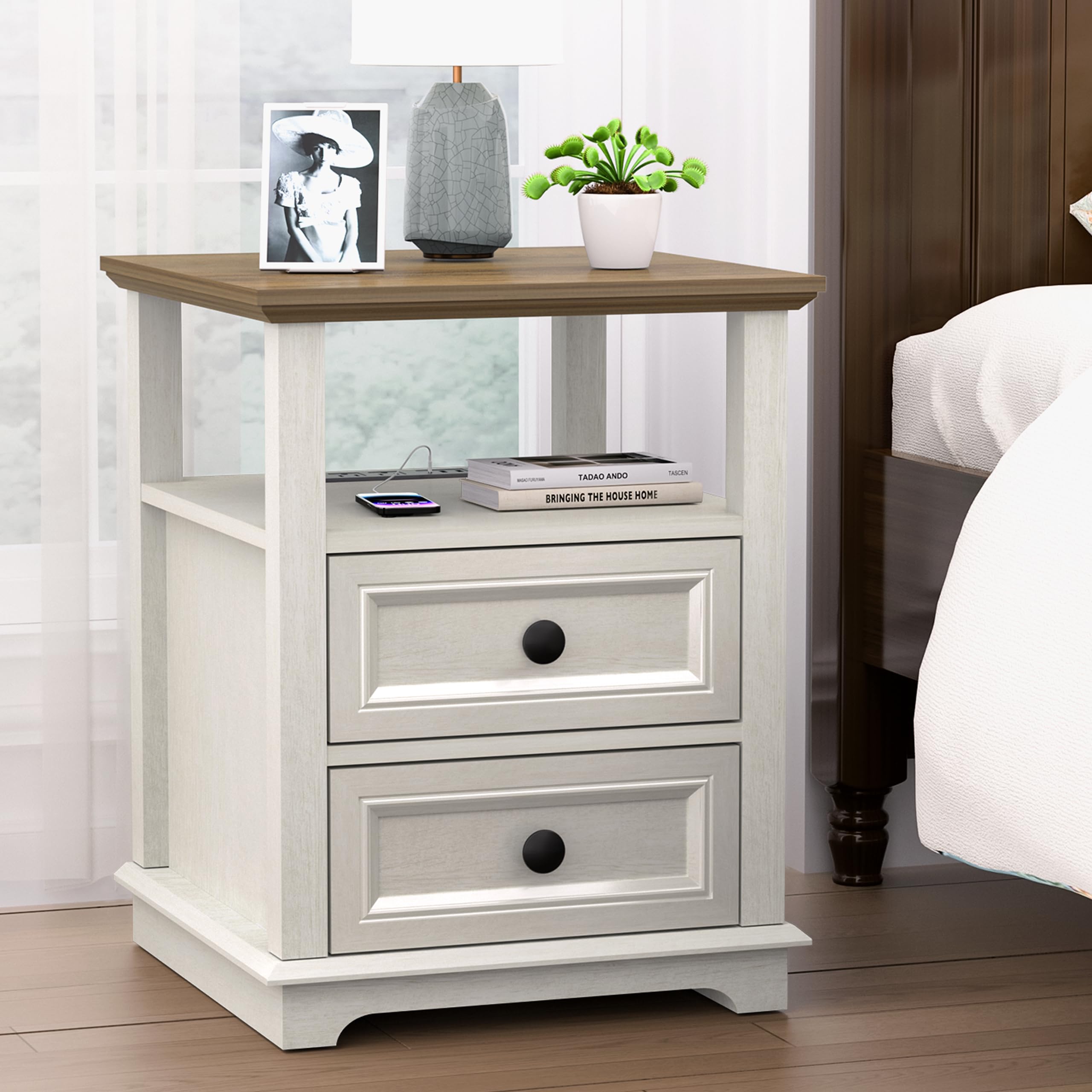 REDAYFUR 24” Tall Nightstand with Charging Station Set of 2, Fast Charge End Table Set of 2, Large 18” Bedside Table with Drawers, Storage Cabinet with Open Shelf for Bedroom, White