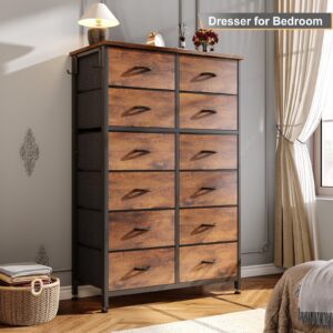 YaFiti Dresser for Bedroom, 12 Drawers with Wooden Top, Fabric Bins, Hooks and Metal Frame, Tall Chest of Drawers for Living Room, Hallway, Rustic Brown