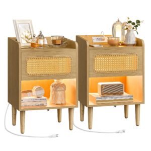 vasagle bohoven collection - nightstands with charging station, set of 2, bedside tables with motion sensor lights, rattan-like side end tables, solid wood legs, for bedroom, boho style, oak beige