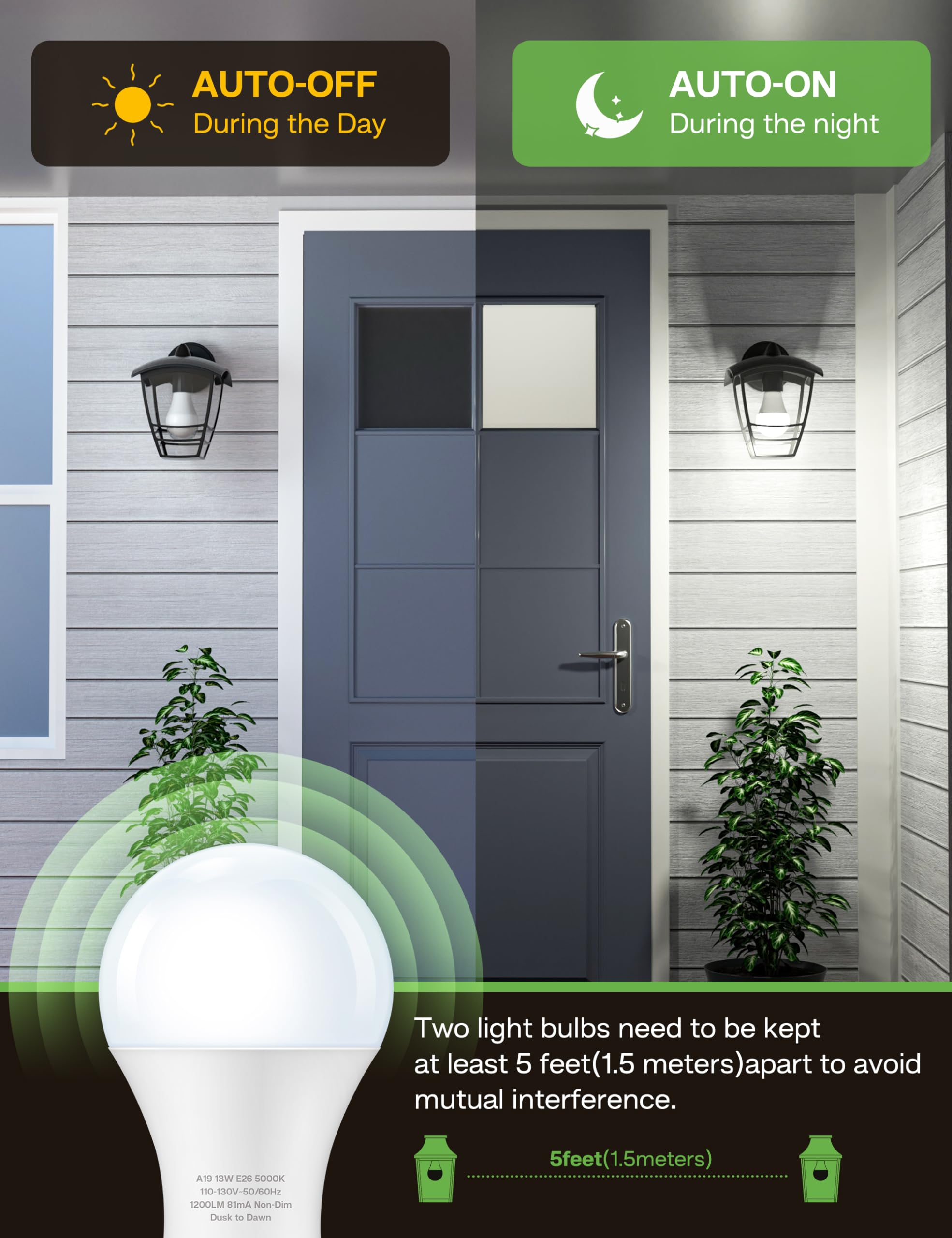 Eastiya Dusk to Dawn Sensor LED Outdoor Light Bulb, Daylight White 5000K, A19 13W(100 Watt Equivalent) Bright Porch Lighting, 1200LM, Auto-On/Off Photocell Sensor for Garage Yard Patio Garden-4 Pack