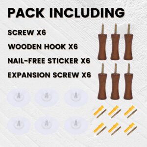 HYBDAMAI Natural Wooden Wall Mounted Hooks (2 Ways,Walnut,6 Packs), Single Coat Hat Rack Wall Mount,for Hanging Coat Towel Cap Bag Purses Jacket Backpack