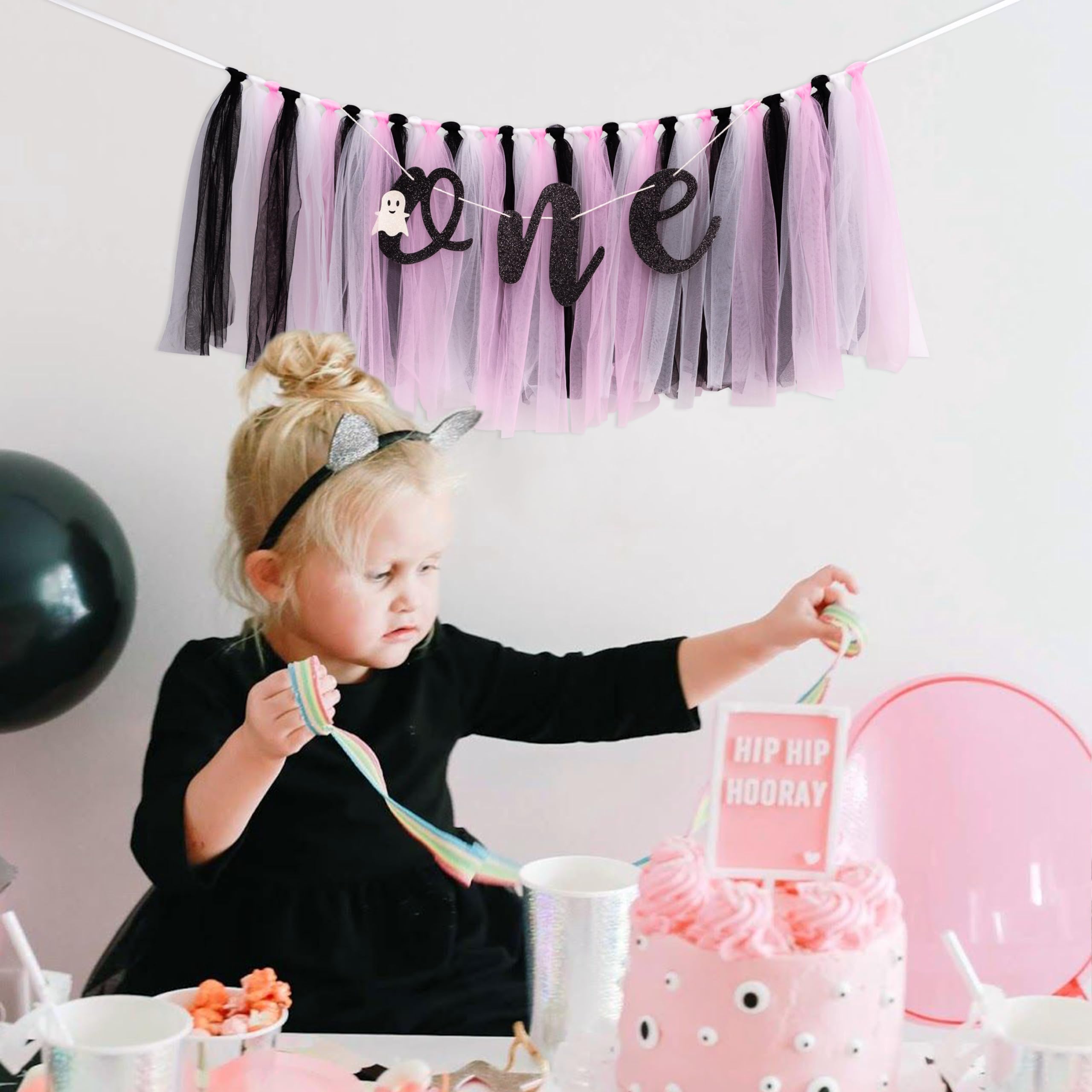 Halloween Themed Birthday Highchair Banner - Little Ghost 1st/First Birthday Party Decoration,Spooky One Groovy Garland,Pink And Black Tutu For Gilrs Baby Decor,Smash Cake Photo Props (Halloween