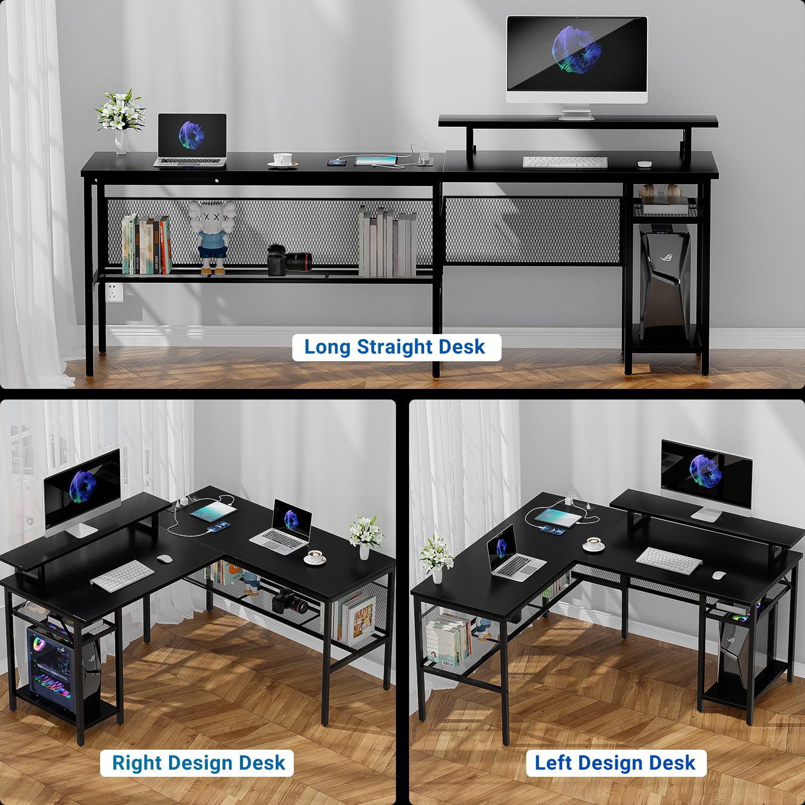 iSunirm Reversible L Shaped Computer Desk with Magic Power Outlet and Smart LED Light, 55 Inch Large Office Corner Desk with Ergonomic Monitor Stand, Gaming Table with Storage, Grid Design, Black