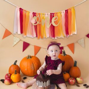 MUWEOL Little Pumpkin 1st Birthday High Chair Banner - First Birthday Highchair Ballet Banner, Halloween Birthday Party Decorations，Baby Shower Decor (Pumpkin banner orange and pink)