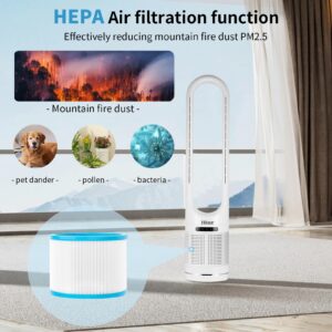 Hiluce Fan and Heater Combo,3-in-1 Bladeless Fan with Remote,Space Heater Fan,HEPA Filter,Tip-Over Switch,26ft/s Quiet Heater Fan,80°Oscillating, 8 Speeds, 9H Timer, 32 inch Large