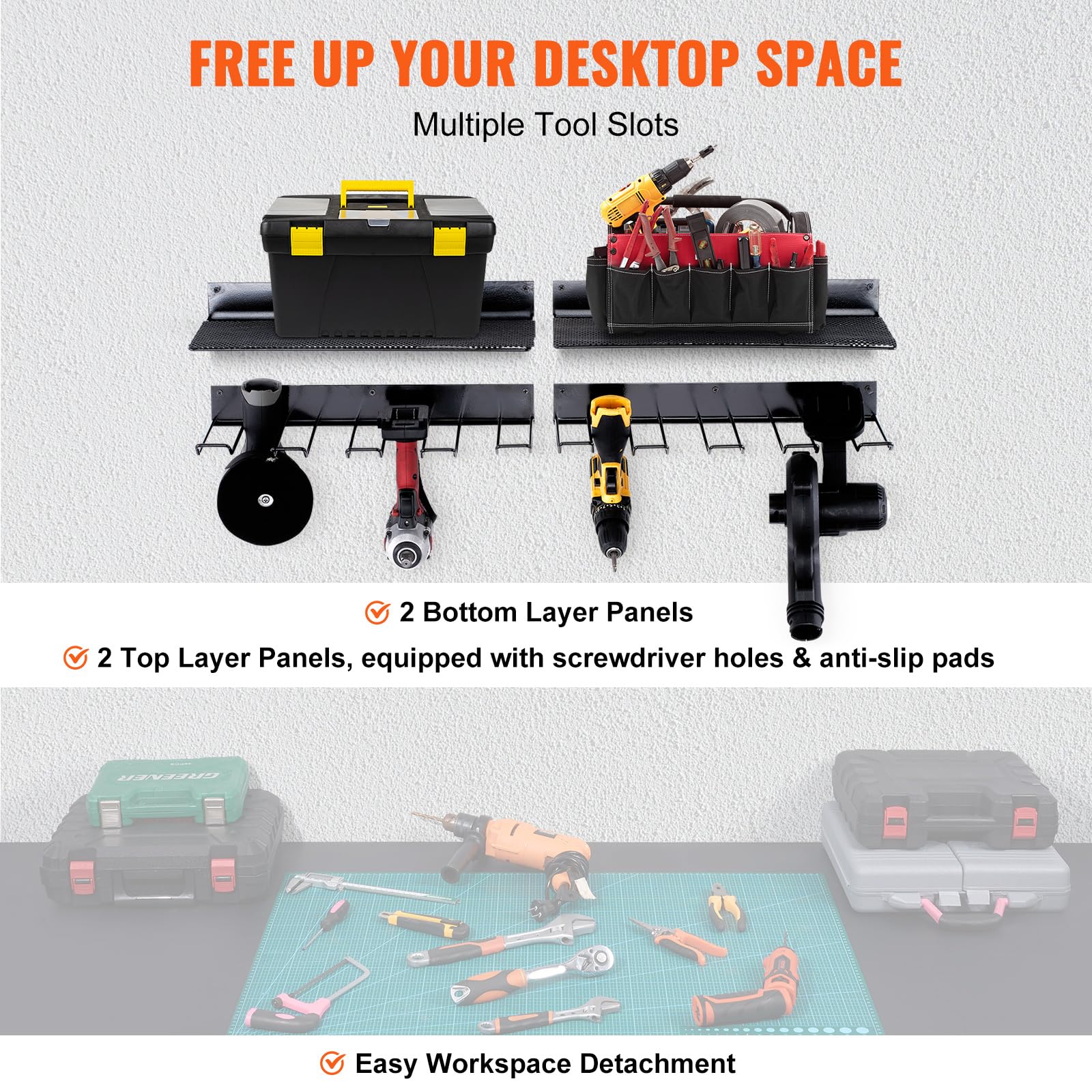 VEVOR Power Tool Organizer, 4 Slot, 2 Layers, 2 Pack Cordless Drill Holder Wall Mount, Battery Charging Station Storage Rack, Multi-Function Garage Organization, Heavy Duty Metal Shelf for Screwdriver