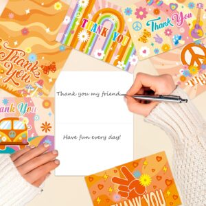 Qpout 24 Pack Groovy Retro Hippie Thank You Cards Boho Rainbow Flower Greeting Cards with White Envelops and Matching Sealing Stickers for Thanksgiving Birthday Thank You Theme Party Supplies