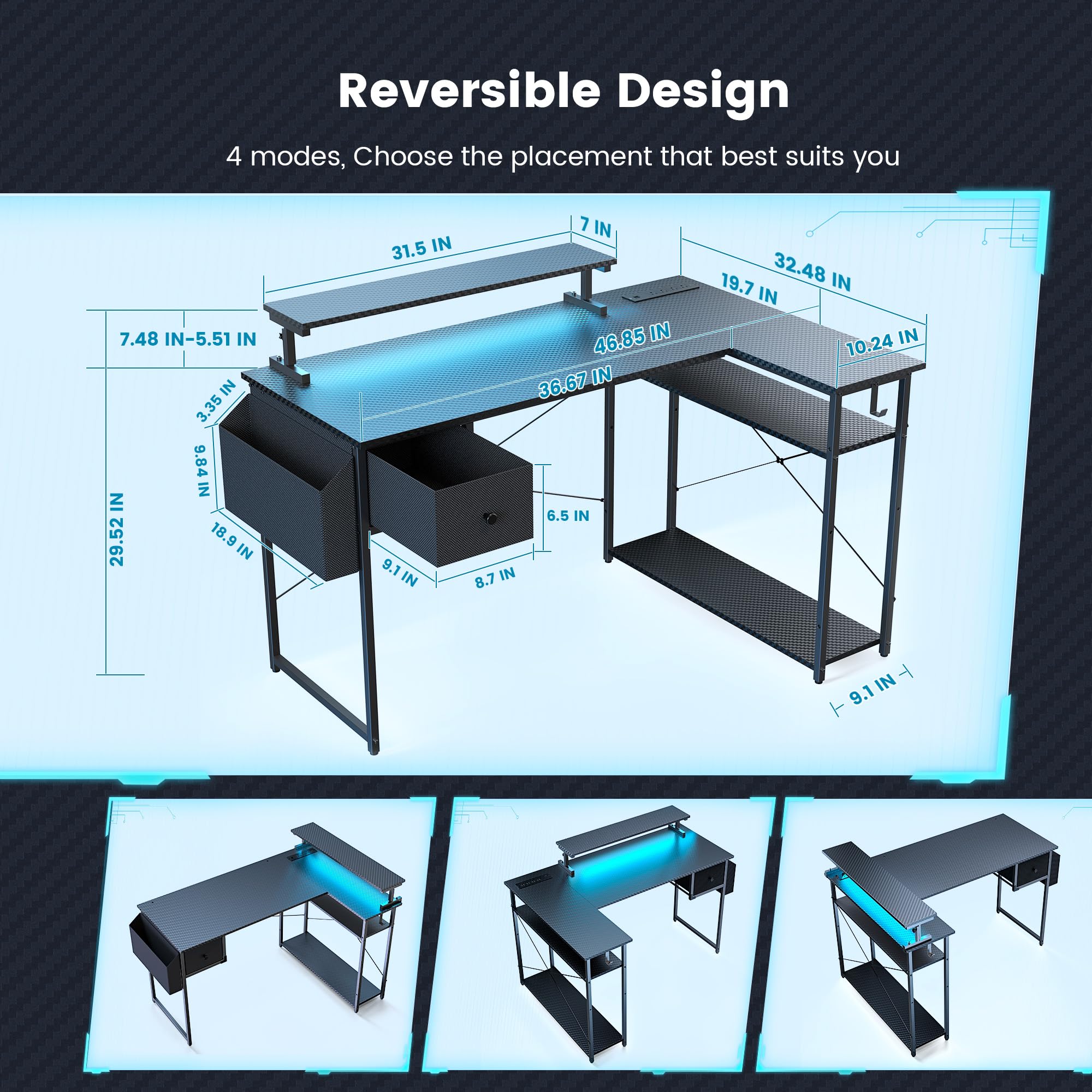 DOMICON Gaming Desk, 47 inch L Shaped Gaming Desk, Computer Desk with LED Lights & Adjustable Stand, Power Outlets, Storage Drawer, Reversible Gaming Desk with Shelves, Hook, Black Carbon Fiber