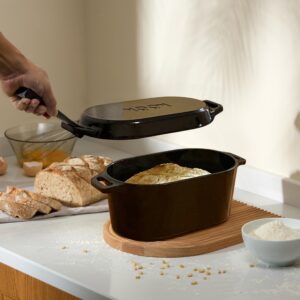 KooK Dutch Oven, Oven for Sourdough Bread Baking, with Lid, Dual Handles, Enameled Cast Iron, includes Lid Lever, Great for Baking Bread, Cooking and Roasting, Dishwasher Safe, 3.4 Qt, Black