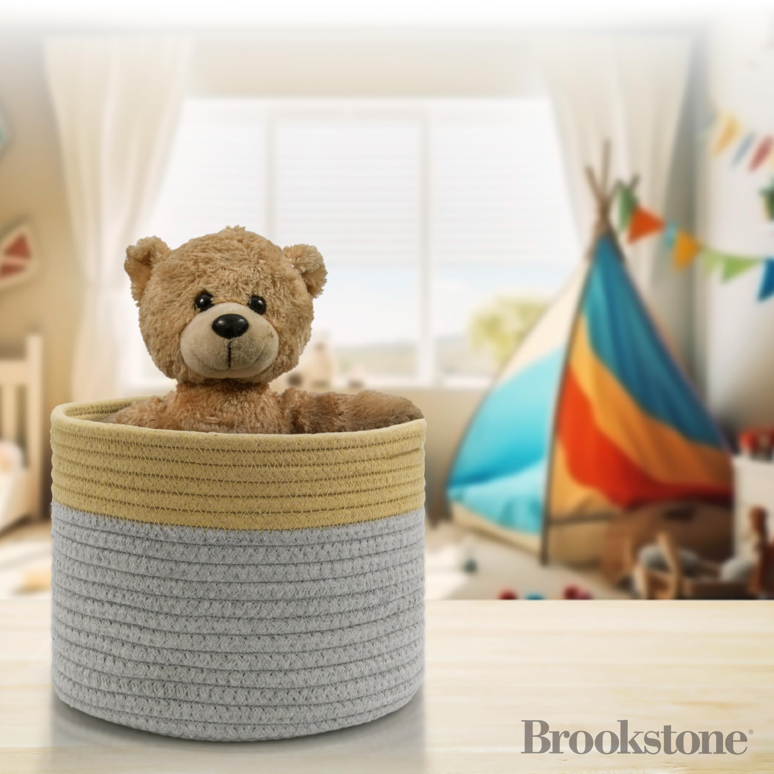 BROOKSTONE, Small Cotton Rope Storage Basket, Woven Bin with Handles, Baby Nursery Organizer, Perfectly Sized at 8.75” X 7”, Use in Living Room/Bedroom, Suitable for Any Décor Style