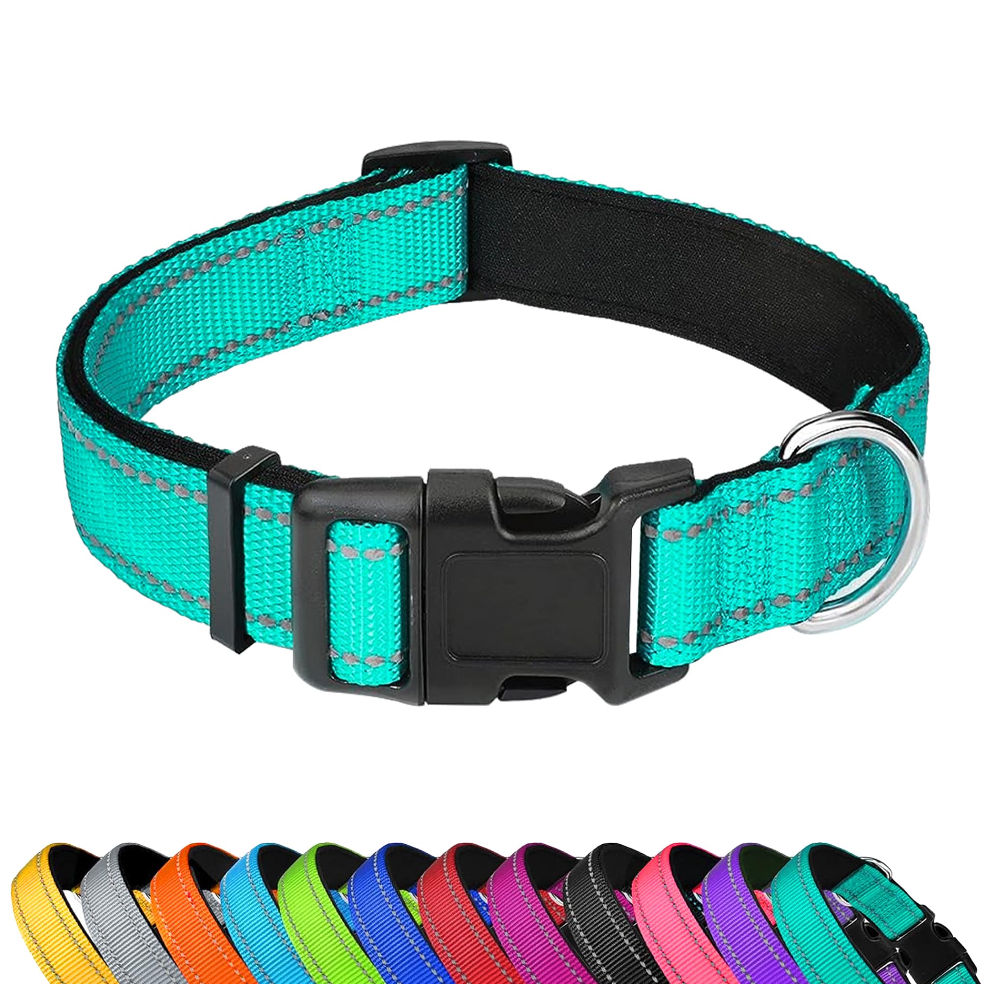 PWOD Reflective Dog Collar, Adjustable Soft Neoprene Padded Nylon Pet Collars with Buckle for Medium Dogs, Teal,M