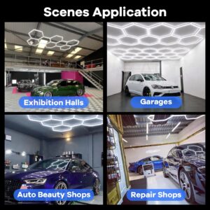 CDKMAX LED Hexagon Garage Light 24Pack 5 Grid Ultrabright 260W 26400LM 6500K Hexagon Lighting System Car Detailing Shop LED Ceiling Lights for Home Gym Garage Workshop Basement Warehouse