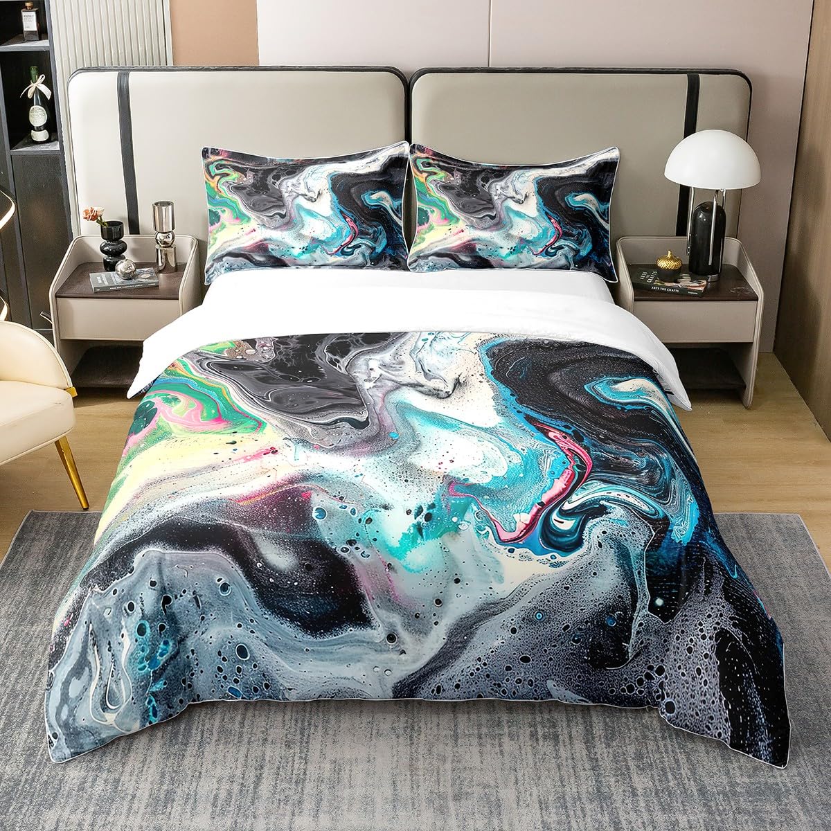 Erosebridal 100% Natural Cotton Black Marble Bedding Set King Psychedelic Bedding Black Blue Teal Marble Texture Abstract Soft Breathable Duvet Cover Set for Boys Girls