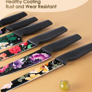 Astercook Knife Set, 12-Piece Flower Kitchen Knives Sets with Blade Guards, Dishwasher Safe, German High Carbon Stainless Steel, Perfect Gifts for Kitchen