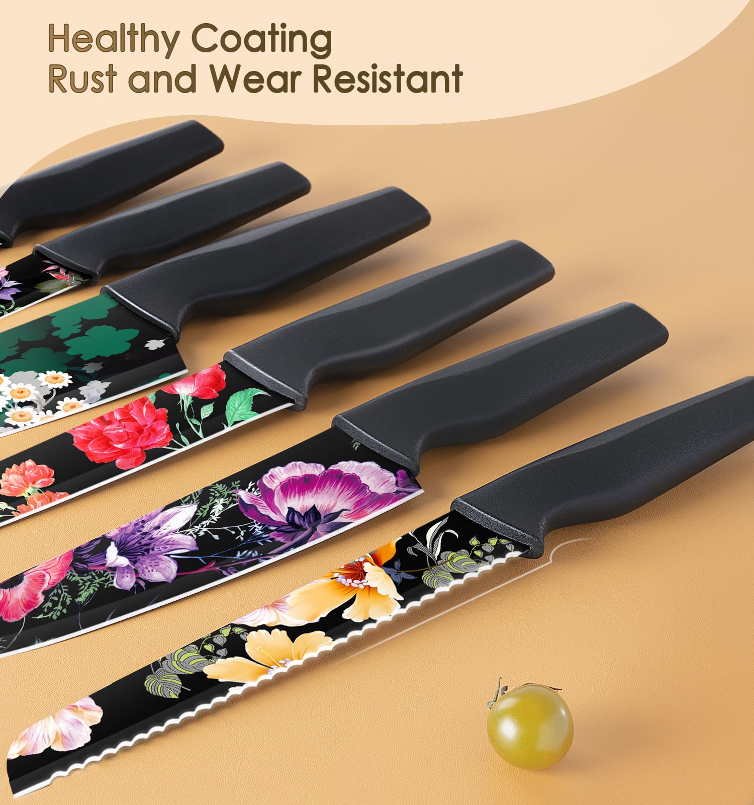 Astercook Knife Set, 12-Piece Flower Kitchen Knives Sets with Blade Guards, Dishwasher Safe, German High Carbon Stainless Steel, Perfect Gifts for Kitchen