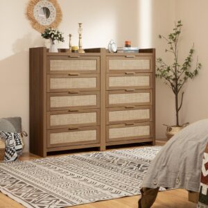 SICOTAS Dresser for Bedroom Chest of Drawers Tall Dresser with 5 Rattan Drawers Wood Dresser for Closet Boho Clothes Storage Tower Large Nightstand Sets for Living Room Hallway Nursery Entryway