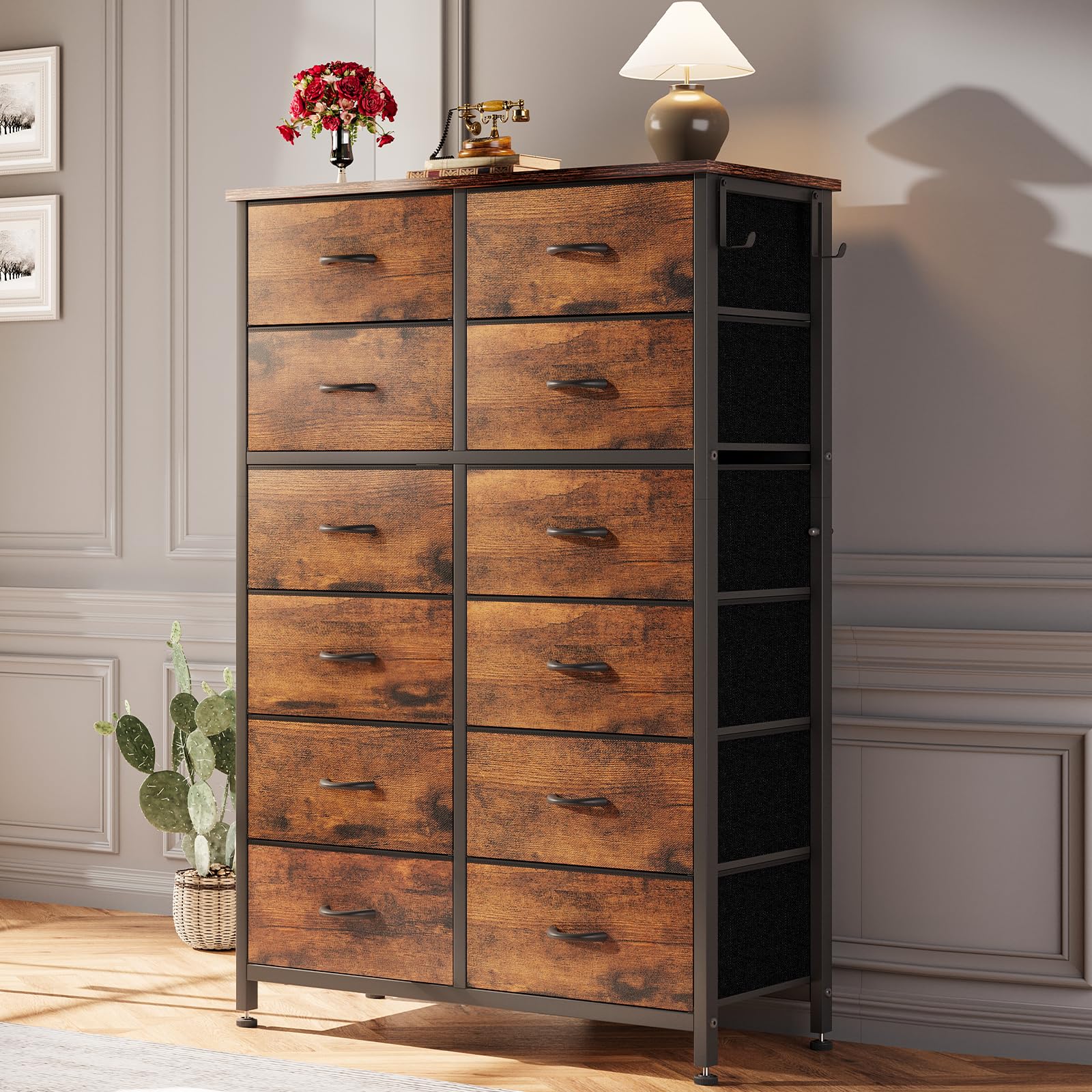 YaFiti Dresser for Bedroom, 12 Drawers with Wooden Top, Fabric Bins, Hooks and Metal Frame, Tall Chest of Drawers for Living Room, Hallway, Rustic Brown