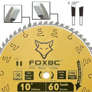 FOXBC 10 Inch Thin Kerf Fine Finish Crosscut Table Saw Blade, 60-Tooth ATB, with 5/8-Inch Arbor