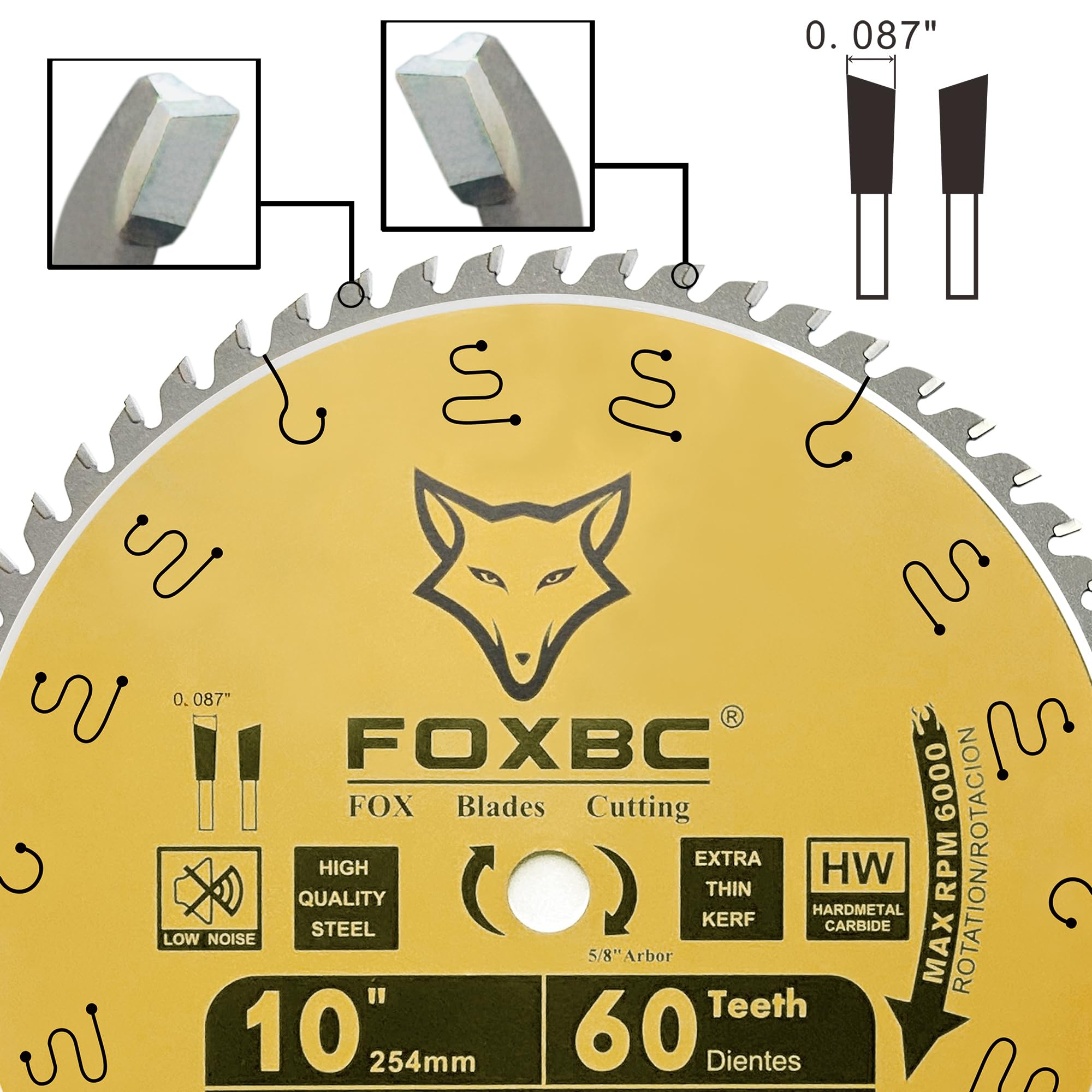 FOXBC 10 Inch Thin Kerf Fine Finish Crosscut Table Saw Blade, 60-Tooth ATB, with 5/8-Inch Arbor