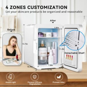 FOCHIER F Mini Fridge Portable 12L Skincare Fridge Compact Small Makeup Refrigerator with Dimmable LED Light Mirror Digital Display Cooler and Warmer AC/DC Powered for Bedroom Office Car White