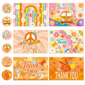 qpout 24 pack groovy retro hippie thank you cards boho rainbow flower greeting cards with white envelops and matching sealing stickers for thanksgiving birthday thank you theme party supplies