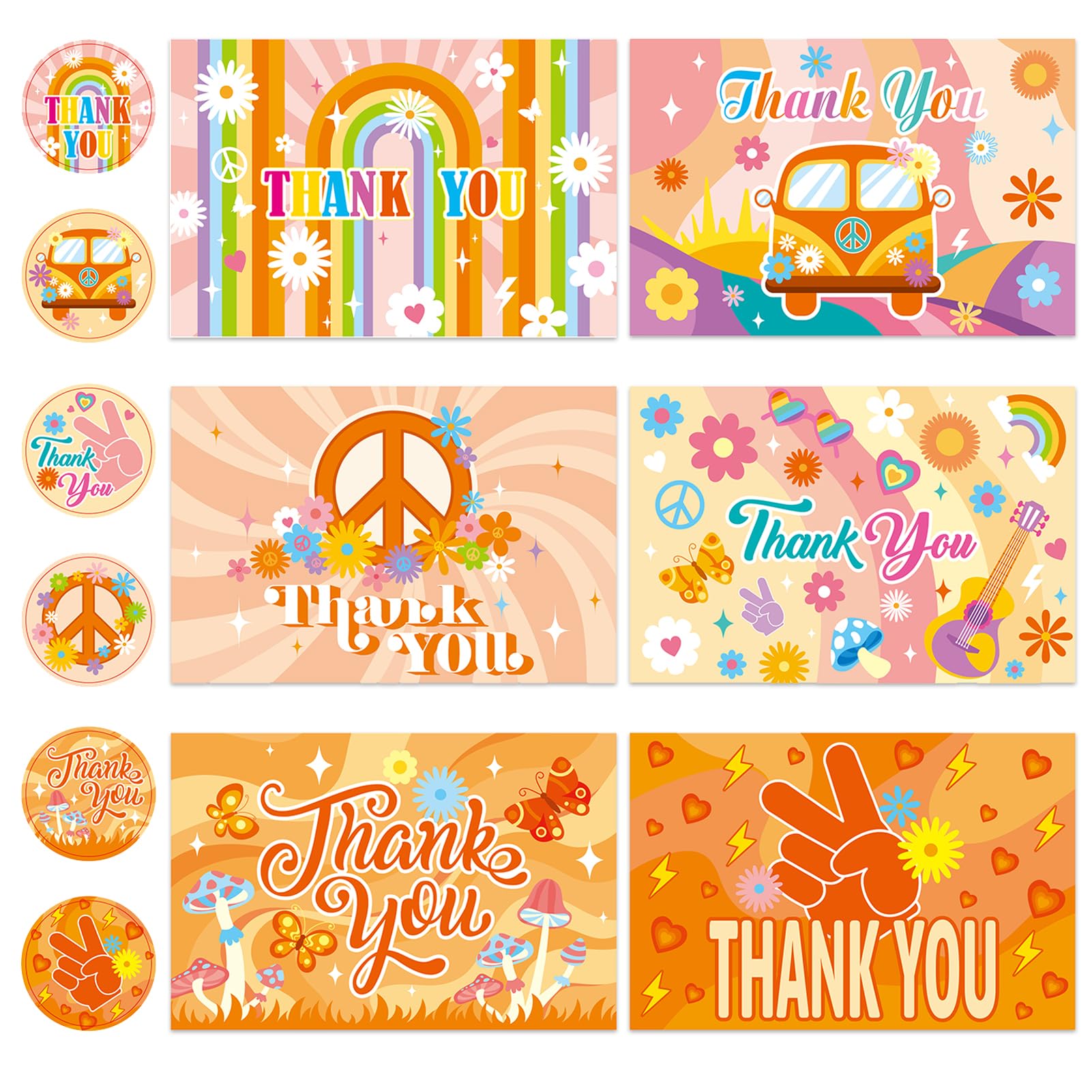 Qpout 24 Pack Groovy Retro Hippie Thank You Cards Boho Rainbow Flower Greeting Cards with White Envelops and Matching Sealing Stickers for Thanksgiving Birthday Thank You Theme Party Supplies