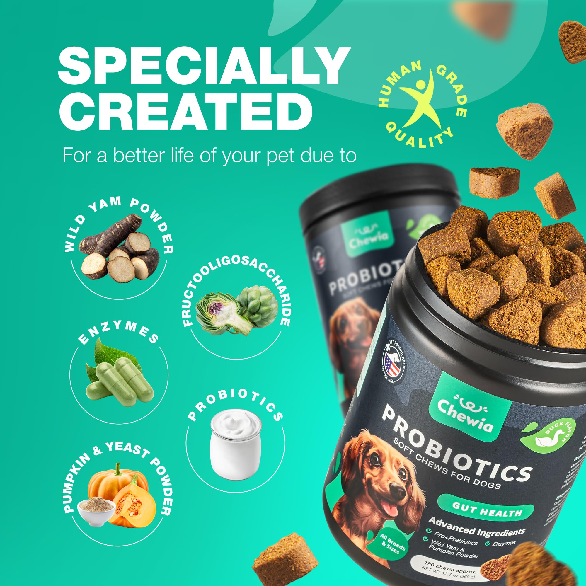 Probiotics for Dogs - Support Gut Health, Immunity, Yeast Balance, Itchy Skin, Allergies - Dog Probiotics and Digestive Enzymes - Coprophagia Deterrent for Dogs - 180 Probiotic Chews for Dogs