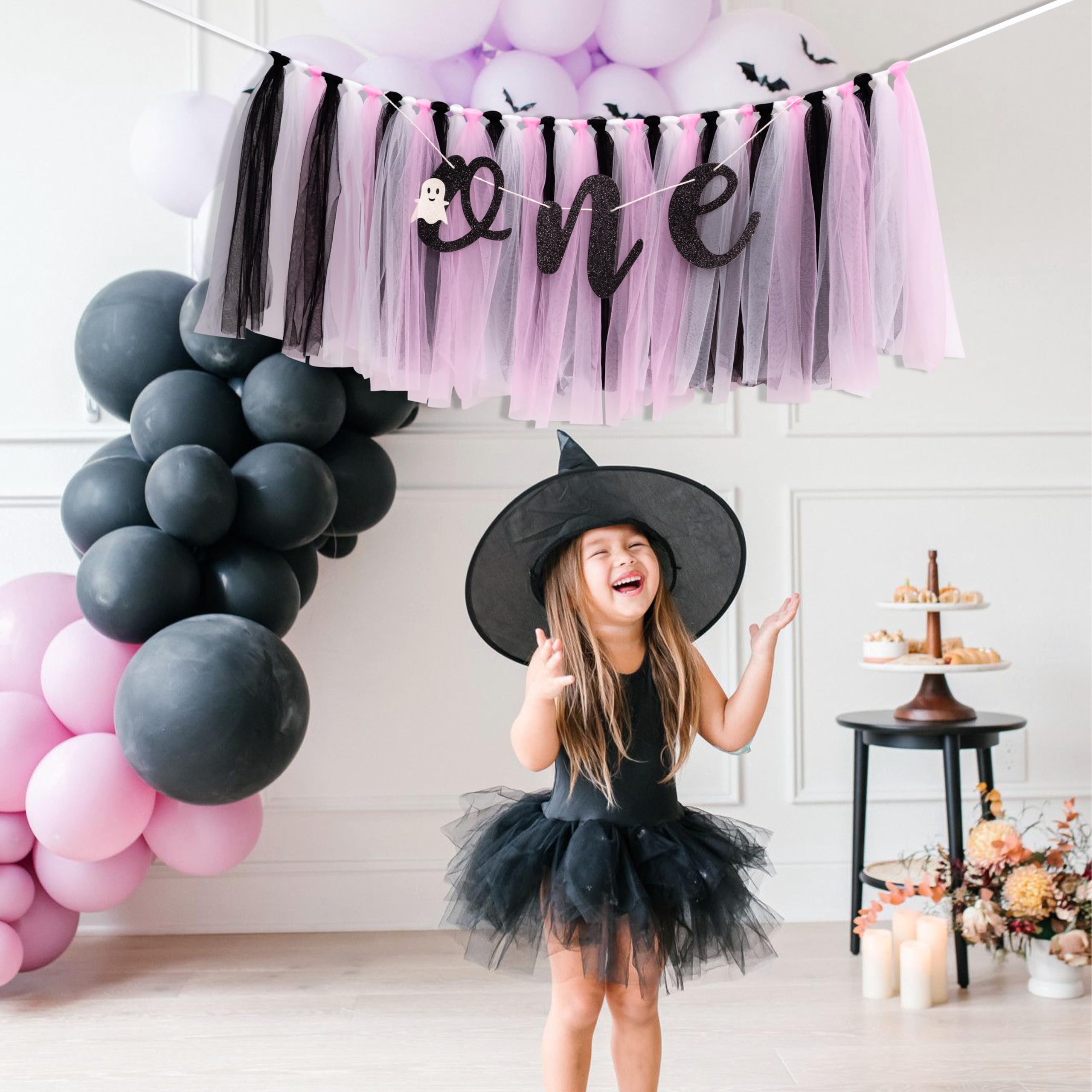 Halloween Themed Birthday Highchair Banner - Little Ghost 1st/First Birthday Party Decoration,Spooky One Groovy Garland,Pink And Black Tutu For Gilrs Baby Decor,Smash Cake Photo Props (Halloween