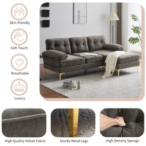 P PURLOVE Sectional Sofa, Velvet L-Shape Sofa with Chaise Lounge, Modern L-Shape Couch for Living Room, Small Spaces (Brown)