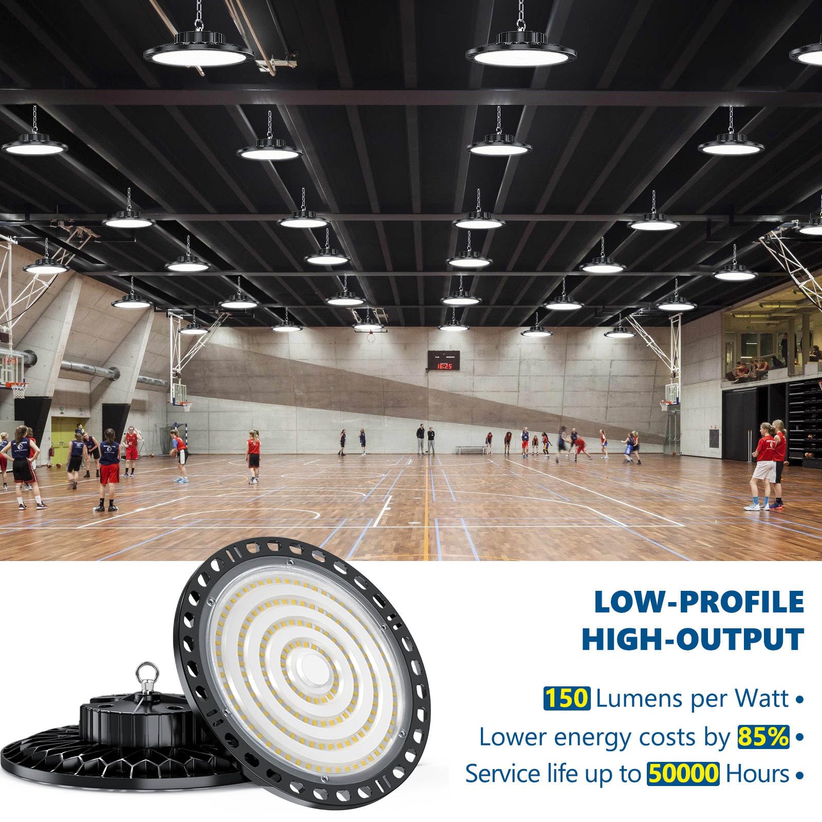 XINGHUANLIT UFO Led High Bay Light 10 Pack, 100W 15000lm High Bay Led Lights 6500K with 6.65ft Plug, High Bay LED Shop Lights IP65, Commercial Bay Lighting AC 85-265V for Garage Workshop Warehouse