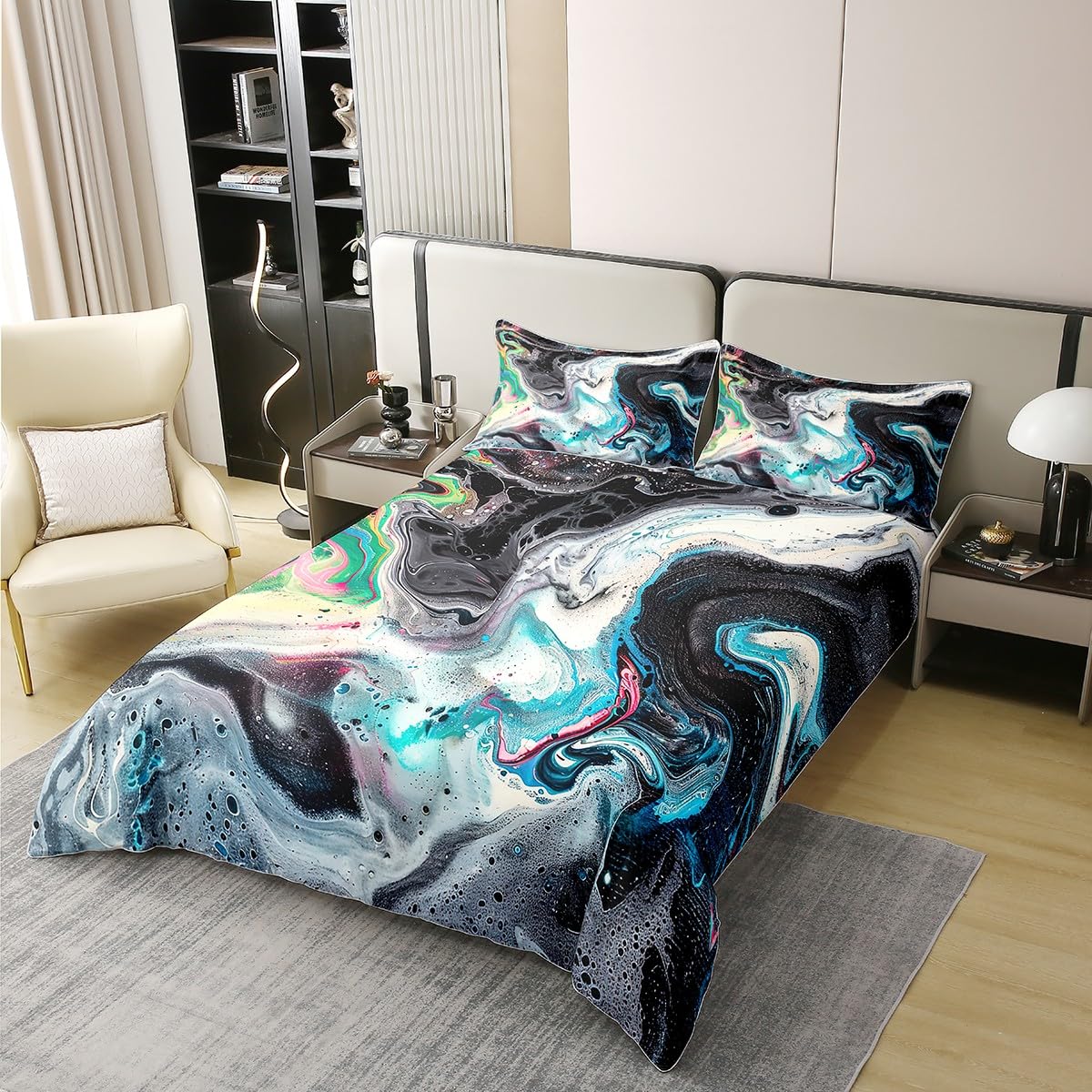 Erosebridal 100% Natural Cotton Black Marble Bedding Set King Psychedelic Bedding Black Blue Teal Marble Texture Abstract Soft Breathable Duvet Cover Set for Boys Girls