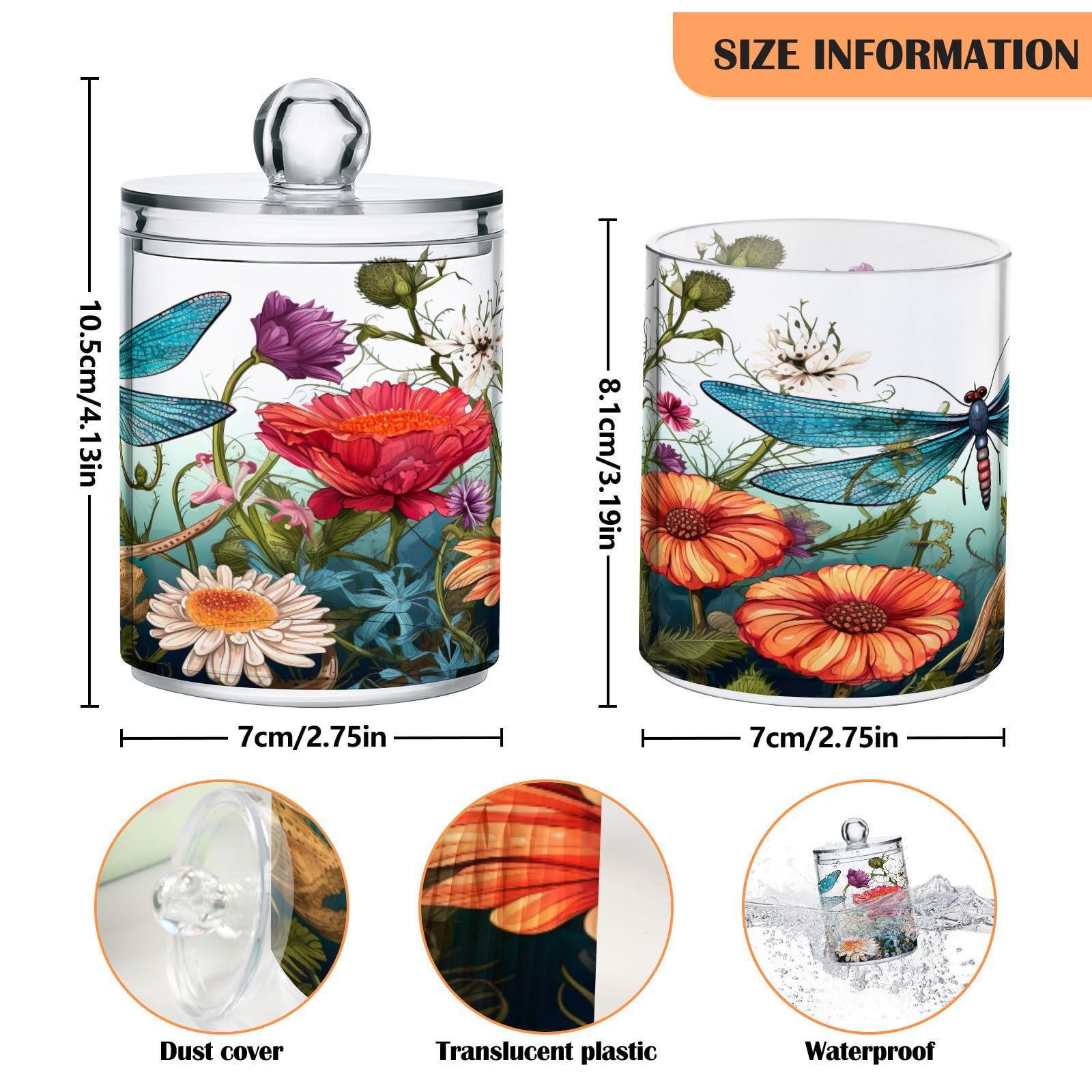 2 Pack Qtip Holder Dispenser with Lids, Dragonfly Flowers Floral Plastic Storage Containers,Bathroom Canisters Organizer for Cotton Ball, Cotton Swab, Cotton Round Pads, Floss 21214450