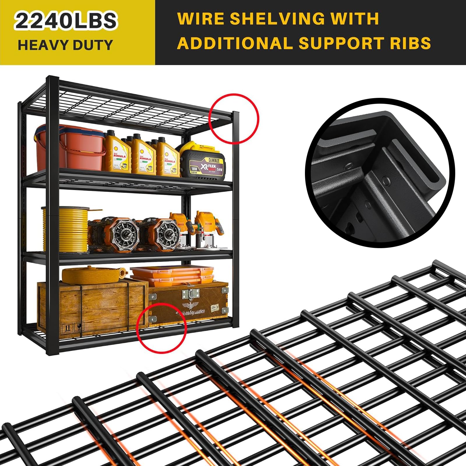 REIBII 40" W Garage Shelving 2240 LBS Storage Shelves Heavy Duty Shelving 4-Tier Adjustable Metal Shelves for Garage Shelves Rack Industrial Utility Shelf for Basement Warehouse,40" W X19.5 D X59.5 H