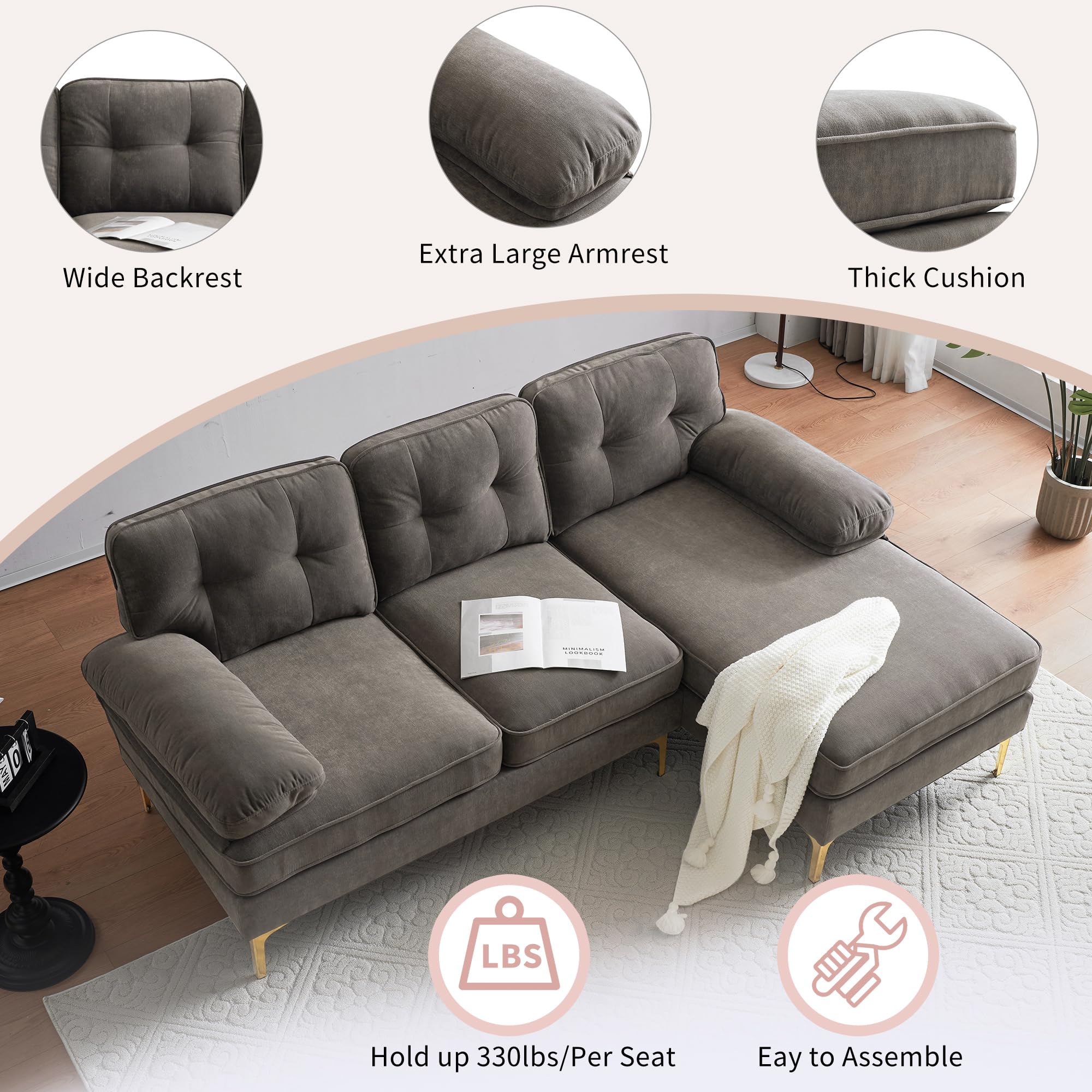 P PURLOVE Sectional Sofa, Velvet L-Shape Sofa with Chaise Lounge, Modern L-Shape Couch for Living Room, Small Spaces (Brown)