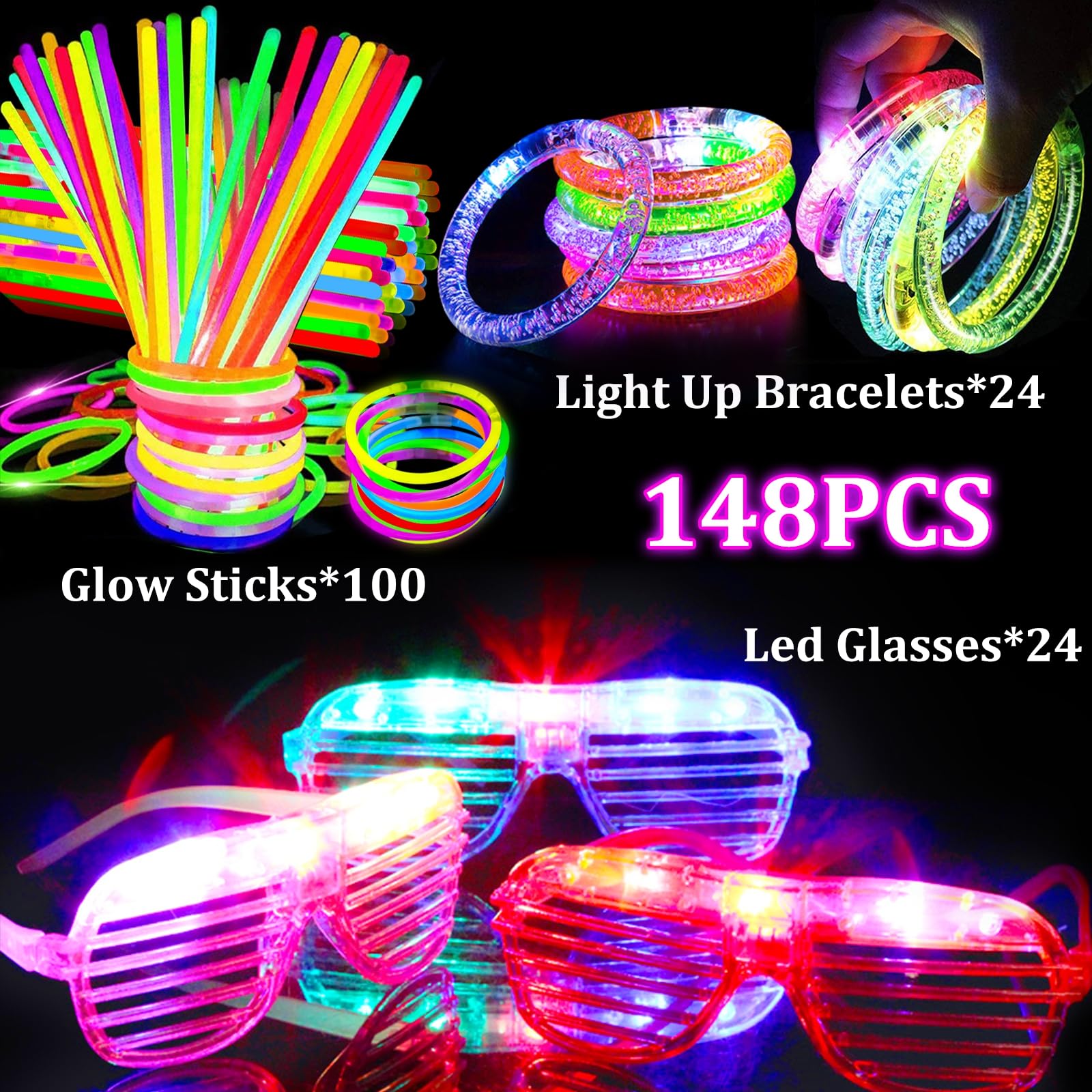 148 PCS New Years Eve Glow in the Dark Party Supplies Light Up Toys with 24 Led Glasses, 24 Flashing Bracelets and 100 Glow Sticks Bulk Party Favors for Kid Adult Birthday Wedding Carnivals Concert