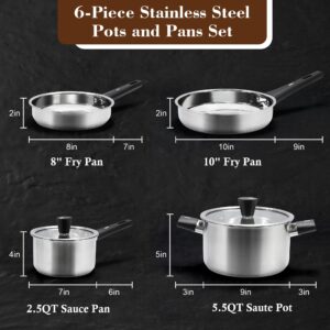 Pots and Pans Set, 6-Piece Stainless Steel Kitchen Cookware Set with Stay-Cool Handles, kitchen Cooking Sets Pots and Pans Compatible with Gas, Electric & Induction, Dishwasher Safe