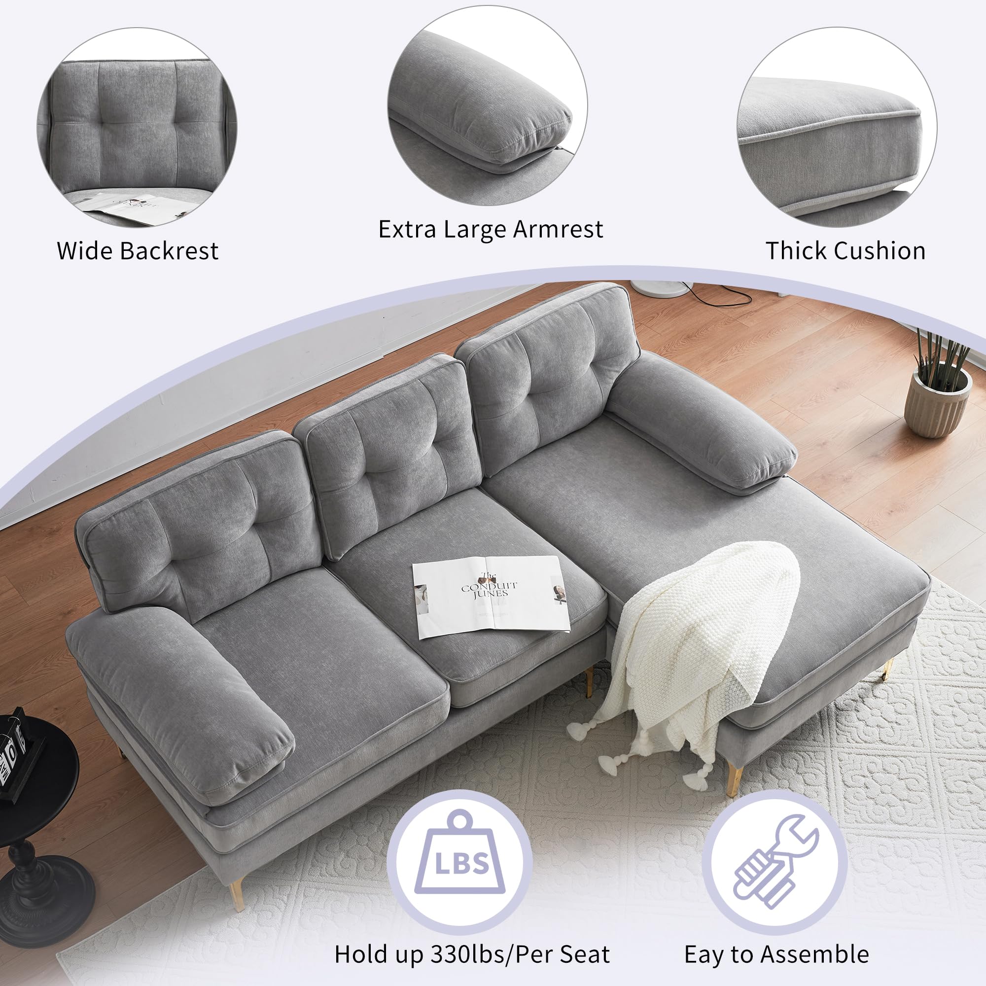 P PURLOVE Sectional Sofa, Velvet L-Shape Sofa with Chaise Lounge, Modern L-Shape Couch for Living Room, Small Spaces (Light Grey)