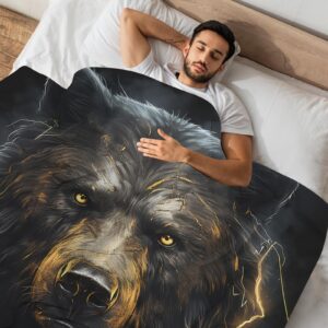 Huke Bear Gifts Blanket, Cool Black Gold Fire Lightning Bear Blanket, Bear Gifts for Adults/Kids/Students, Cool Animal Print Throw Blanket, Plush Bear Throw Blanket,60"X50"