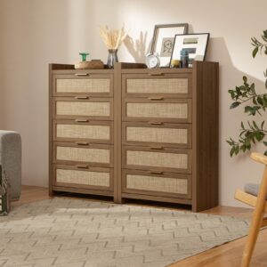 SICOTAS Dresser for Bedroom Chest of Drawers Tall Dresser with 5 Rattan Drawers Wood Dresser for Closet Boho Clothes Storage Tower Large Nightstand Sets for Living Room Hallway Nursery Entryway