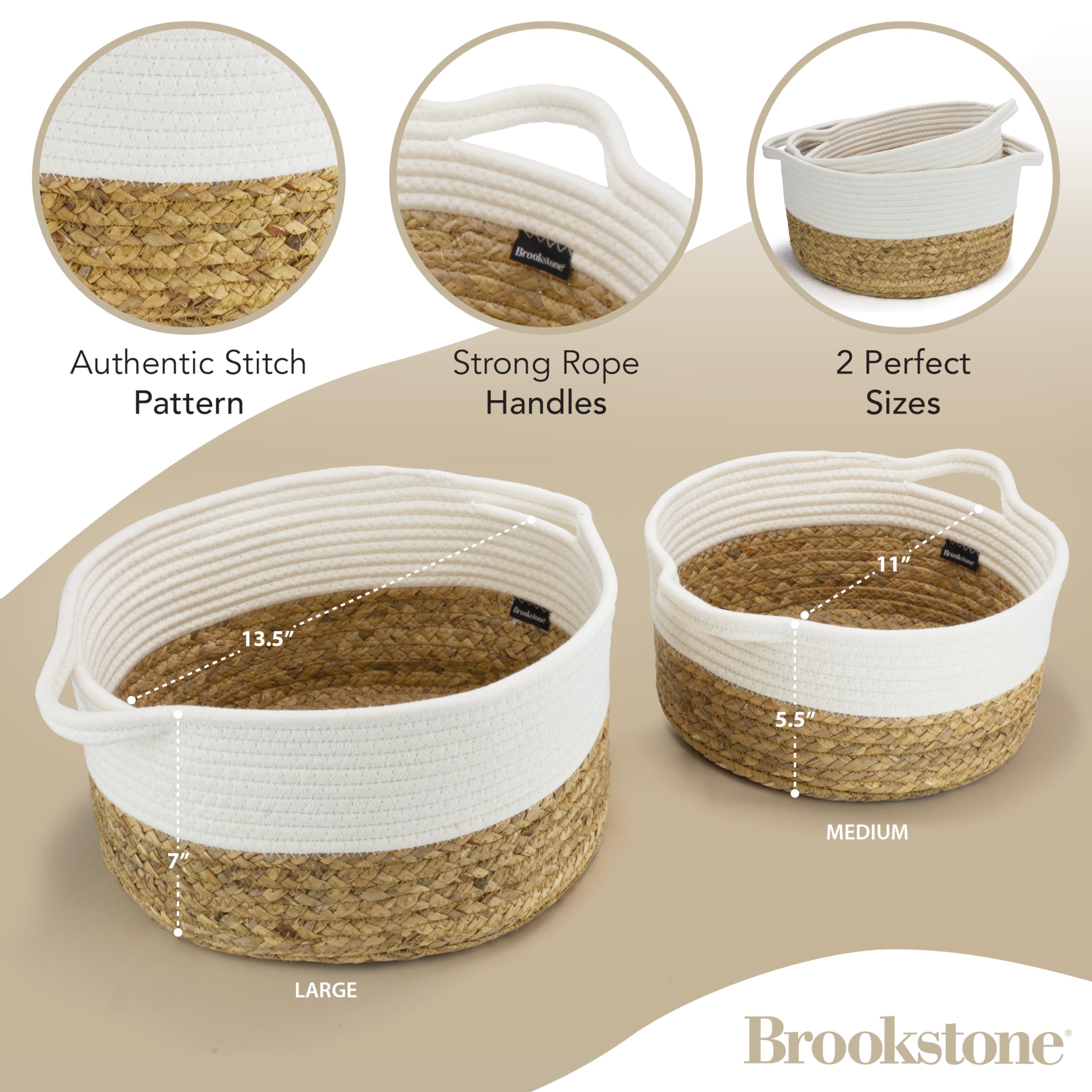 BROOKSTONE, 2 Wicker Cotton Rope Storage Baskets, Woven Bin with Handles, Baby Nursery Organizer, Suitable for Any Décor Style