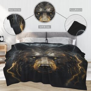 Huke Bear Gifts Blanket, Cool Black Gold Fire Lightning Bear Blanket, Bear Gifts for Adults/Kids/Students, Cool Animal Print Throw Blanket, Plush Bear Throw Blanket,60"X50"