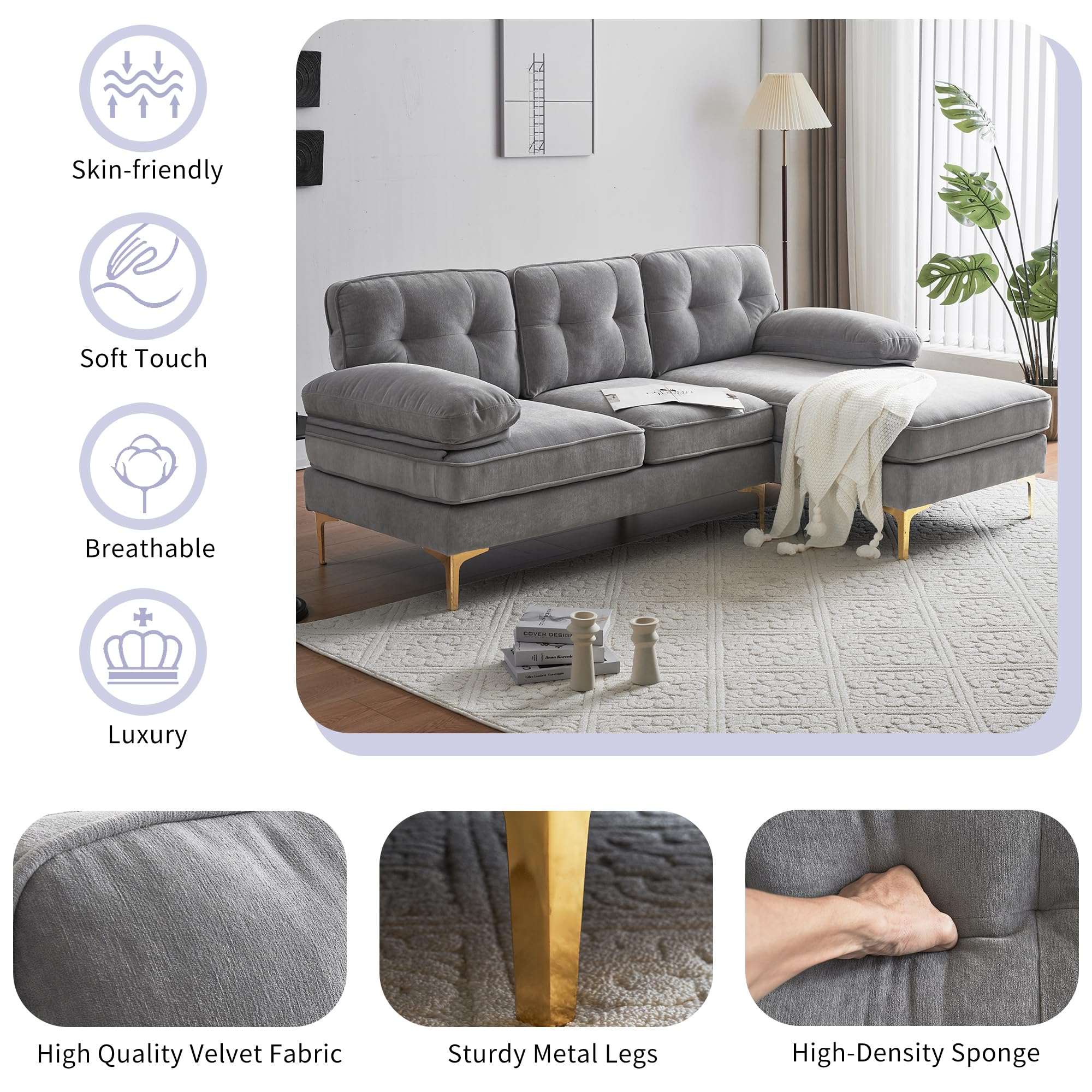 P PURLOVE Sectional Sofa, Velvet L-Shape Sofa with Chaise Lounge, Modern L-Shape Couch for Living Room, Small Spaces (Light Grey)