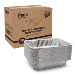 pami aluminum baking pans, half size, deep [pack of 30] - 9”x13” heavy-duty oven & freezer safe food storage containers- tin foil pans for grilling, roasting, bbq & baking- foil takeout containers