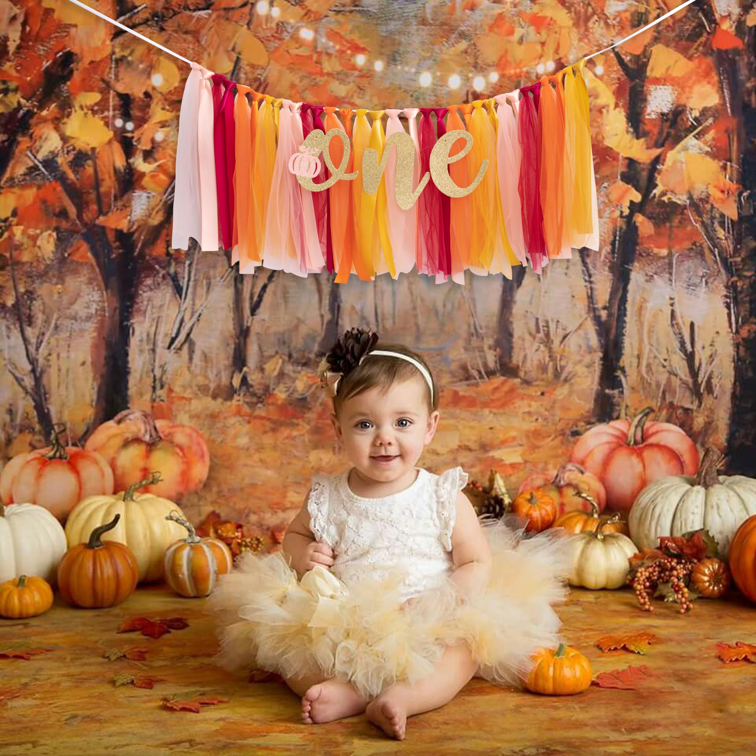 MUWEOL Little Pumpkin 1st Birthday High Chair Banner - First Birthday Highchair Ballet Banner, Halloween Birthday Party Decorations，Baby Shower Decor (Pumpkin banner orange and pink)