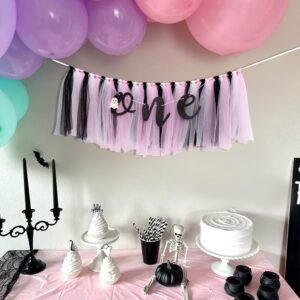 Halloween Themed Birthday Highchair Banner - Little Ghost 1st/First Birthday Party Decoration,Spooky One Groovy Garland,Pink And Black Tutu For Gilrs Baby Decor,Smash Cake Photo Props (Halloween