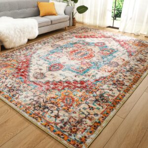 comeet vintage washable area rug - 4x6 soft low-pile floor carpet for living bedroom rug, non-slip non-shedding floral print indoor accent rugs for dining room office home decor, updated orange