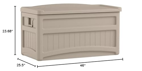 73 Gallon Waterproof Resin Deck Box, Indoor Outdoor Portable Wheeled Storage Bench Storage Container Box with Seat, Storage for Patio Furniture, Outdoor Cushions, Garden Tools and Pool Supplies, Tan