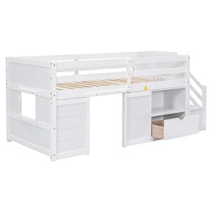 Lakifun Twin Size Low loft Bed,Loft Bed with Storage,Modern Farmhouse Twin loft Bed for Kids,Wood Twin Low Loft Bed with Game House and Drawers, Bookshelf Staircase,White