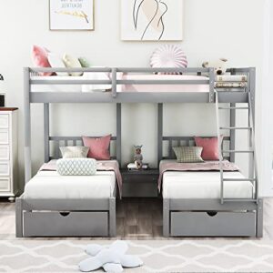 bovza full over twin & twin bunk bed, wood triple bunk bed with drawers and guardrails for 3 kids girls boys teens, gray